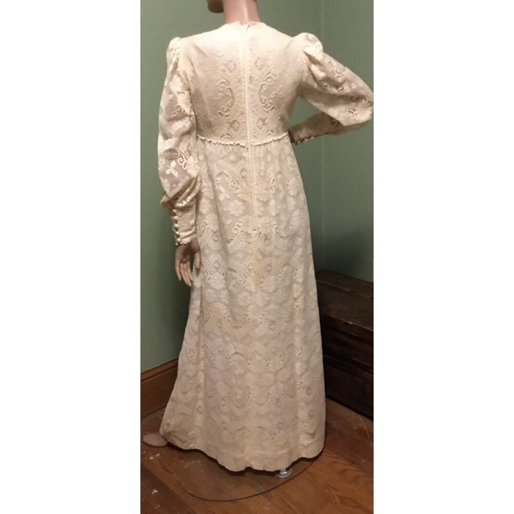 VINTAGE LANZ ORIGINAL 70s IVORY LACE w/BISHOP SLEEVES/EMPIRE WAIST MAXI DRESS - Picture 8 of 9
